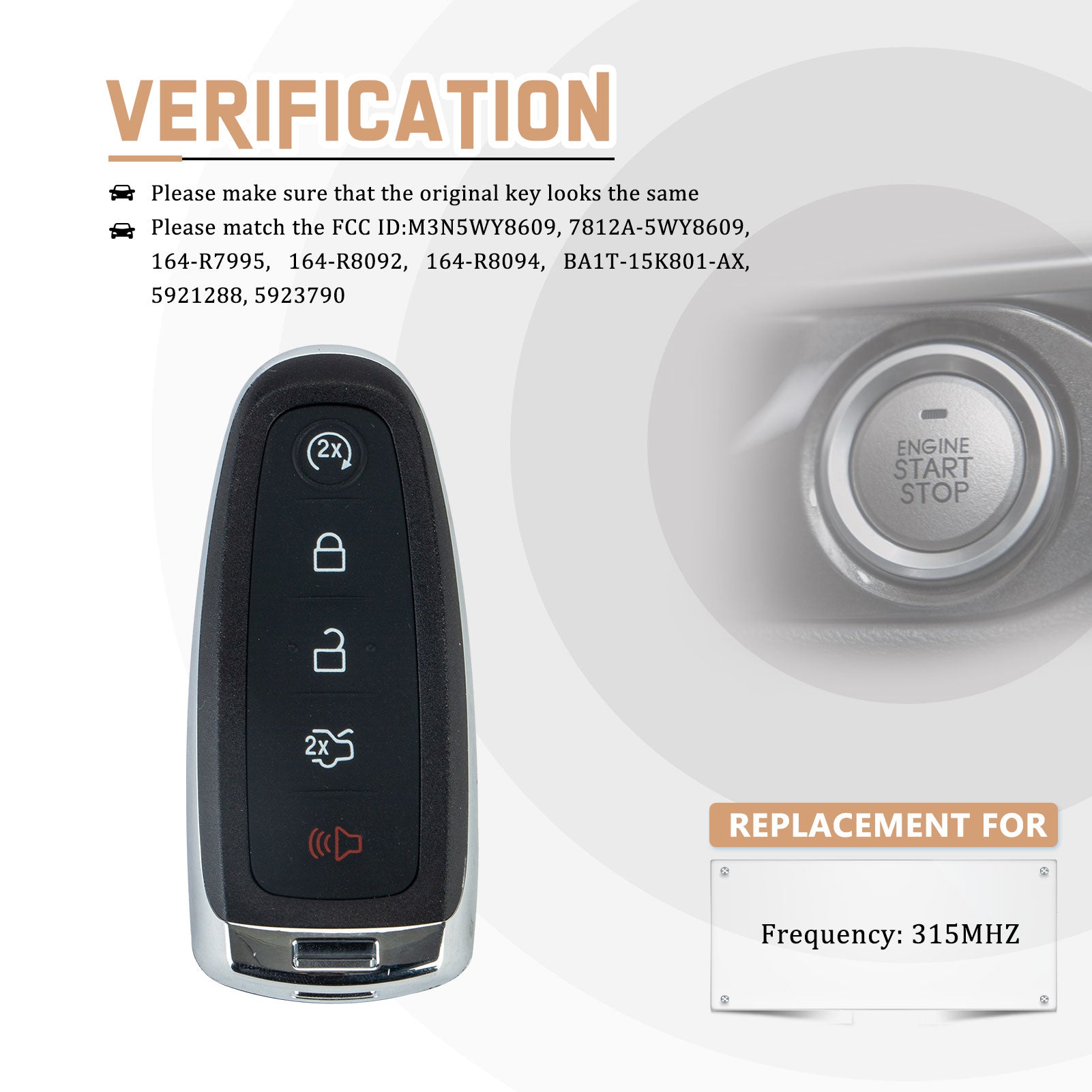 Replacement Car Key Fob for 2011 2012 2013 2014 2015 F0RD Edge with FCC ID: M3N5WY8609, 7812A-5WY8609, 164-R7995, 164-R8092, 164-R8094, BA1T-15K801-AX, 5921288, 5923790 315MHZ KR-F5RB