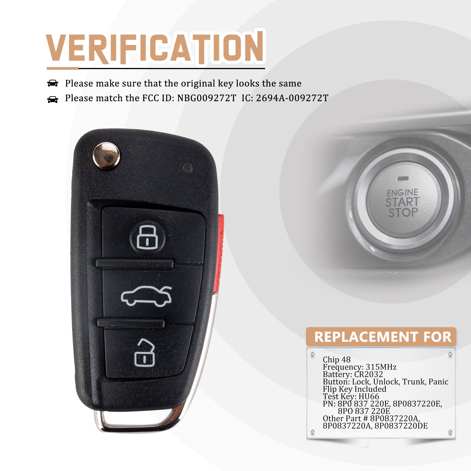 Replacement Flip Car Key Fob for AU D A3 TT 2007/2008/2009/2010 with FCC ID: NBG009272T IC: 2694A-009272T Chip 48 315MHz Battery: CR2032 V4SE