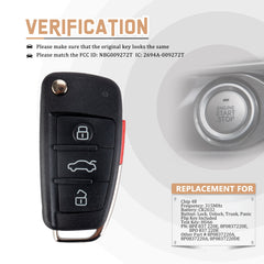 Replacement Flip Car Key Fob for AU D A3 TT 2007/2008/2009/2010 with FCC ID: NBG009272T IC: 2694A-009272T Chip 48 315MHz Battery: CR2032 V4SE