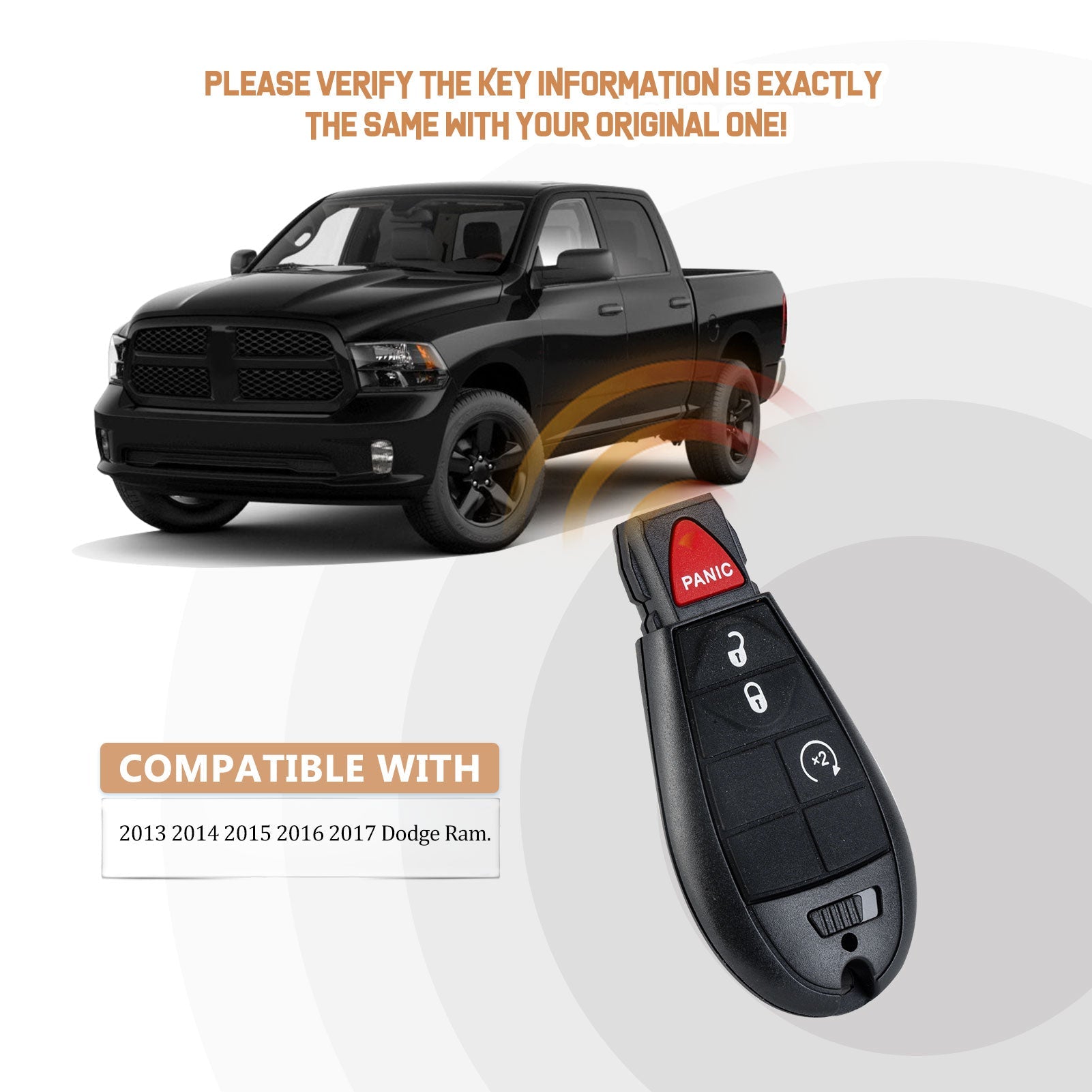 Brand New Car Key Fob Replacement for 2013/2014/2015/2016/2017 RAM 1500 with FCC ID: GQ4-53T D4RE(5)