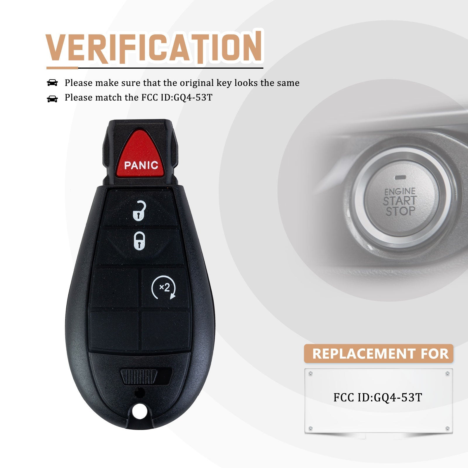 Brand New Car Key Fob Replacement for 2013/2014/2015/2016/2017 RAM 1500 with FCC ID: GQ4-53T D4RE(5)