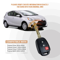 New Key Fob Replacement for 2013/2014/2015 Toyota Rav4 2014-2016 Prius C V with P/N: HYQ12BEL, H Chip T3SC