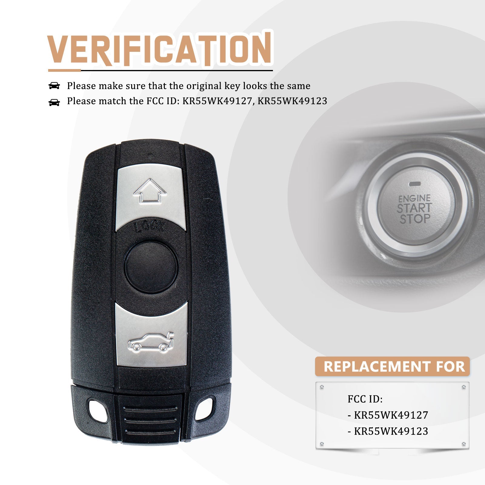 Car Key Fob Replacement for 328i xDrive 328xi 2007/2008/2009/2010/2011 with FCC ID: KR55WK49127, KR55WK49123 B3RA(5)