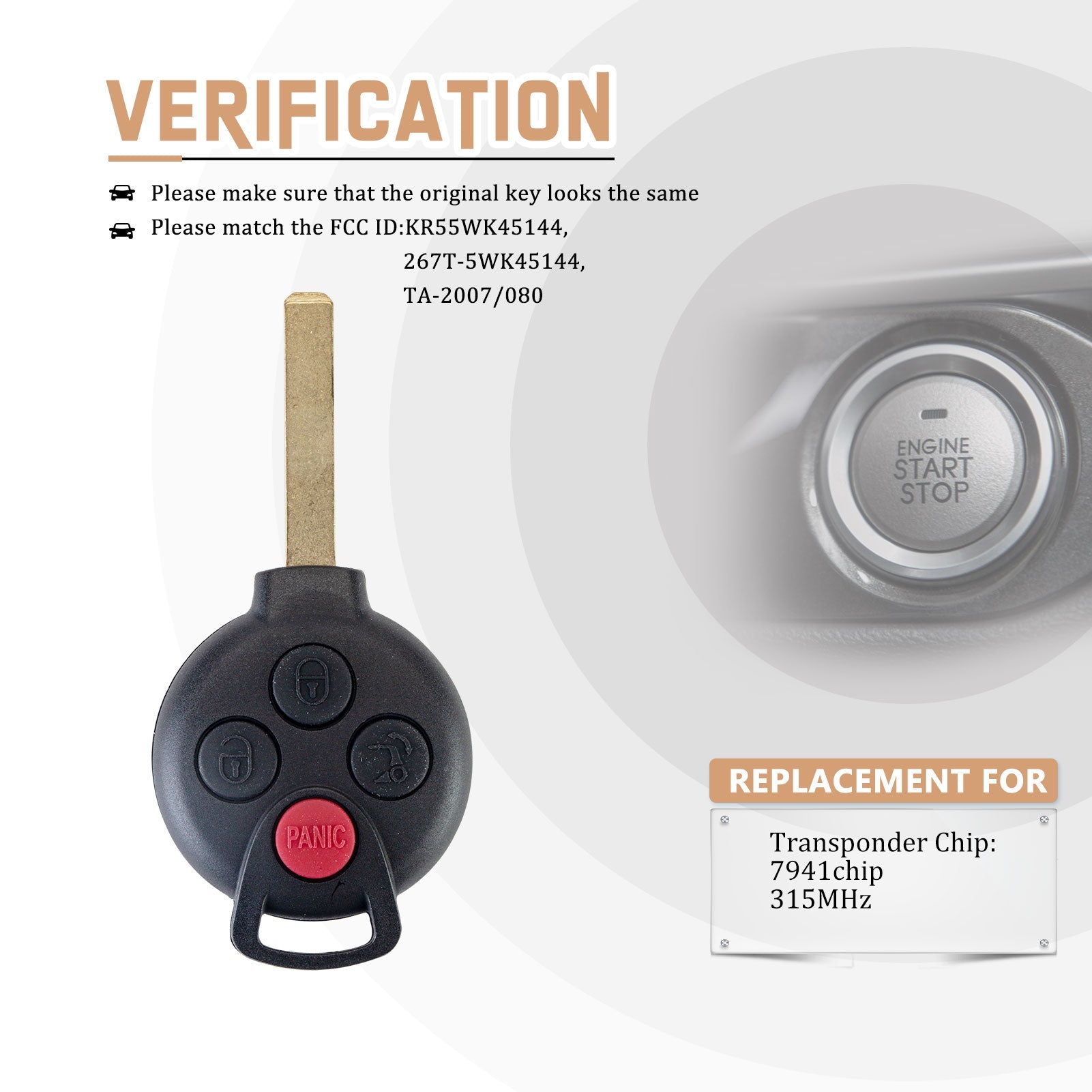 Replacement Car Key Fob for Mercedes Benz 2005/2006/2007/2008/2009/ 2010/2011/2012/2013/2014/2015 Fortwo with FCC ID: KR55WK45144, 267T-5WK45144, TA-2007/080 7941chip 315MHz B4SA