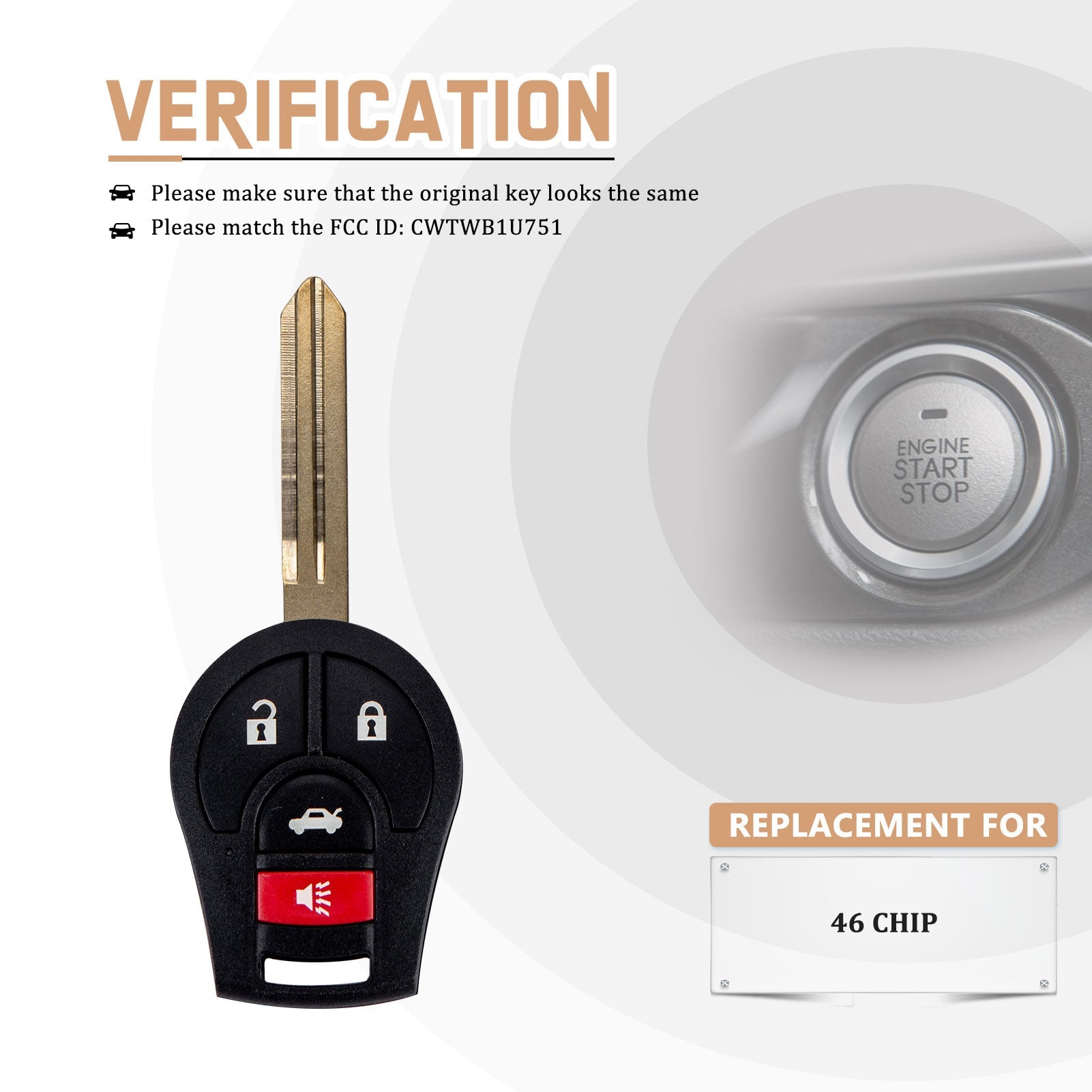 Replacement Car Key Fob for Nisan Head Key with FCC ID: CWTWB1U751 46 CHIP N4SA(5)