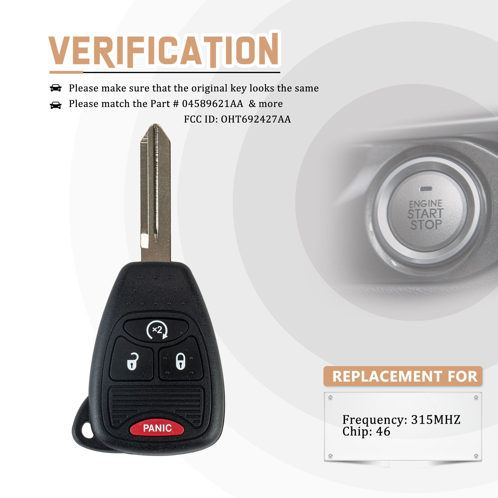 Replacement Car Key Fob for JEEP 2010 2011 2012 2013 2014 2015 2016 2017 2018 with FCC ID: OHT692427AA OHT692713AA 04589621 AA 315Mhz Part # 04589621AA & More Chip: 46 KR-D4SC