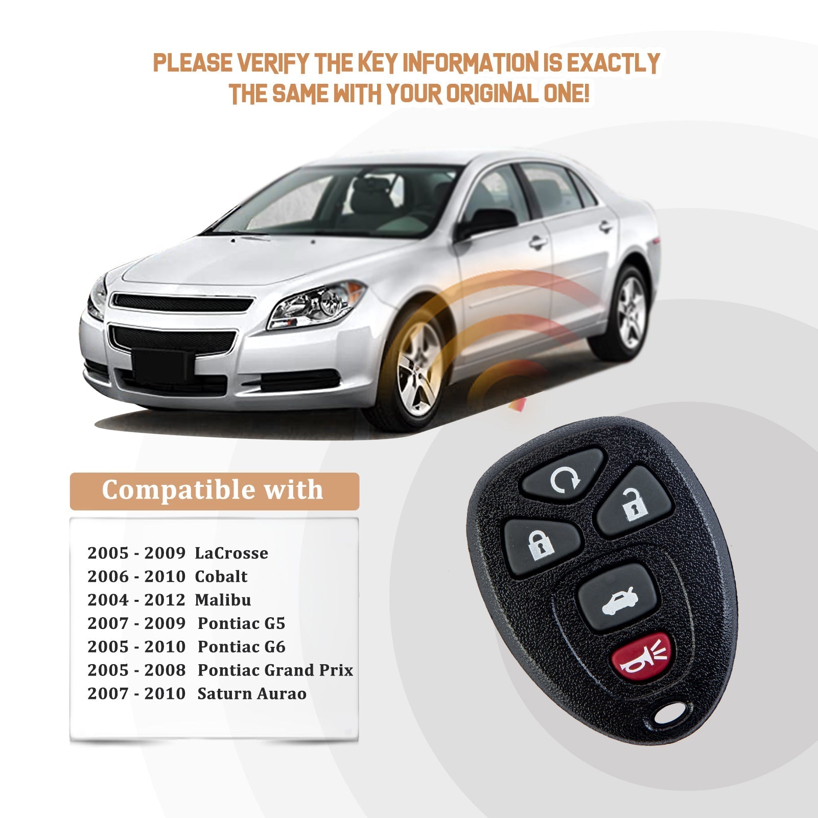 New Keyless Entry Replacement Car Key Fob for Malibu Cobalt G5 Lacrosse 5 Button GM # 22733524, KOBGT04A C5RB(10)