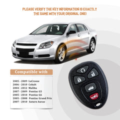 New Keyless Entry Replacement Car Key Fob for Malibu Cobalt G5 Lacrosse 5 Button GM # 22733524, KOBGT04A C5RB