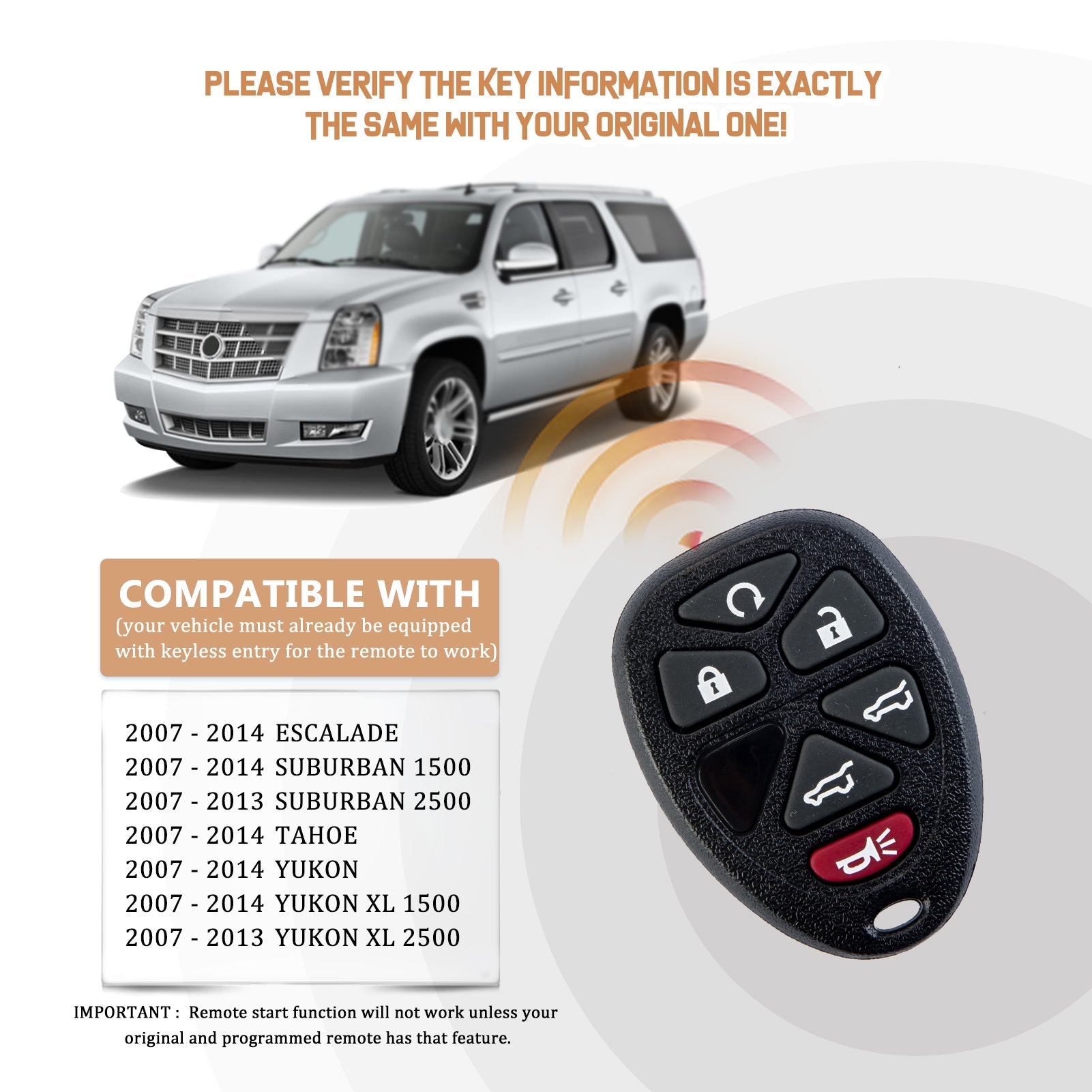 New Keyless Entry Replacement Car Key Fob for Tahoe Suburban Yukon etc. with FCC ID: OUC60270 C6RA(5)