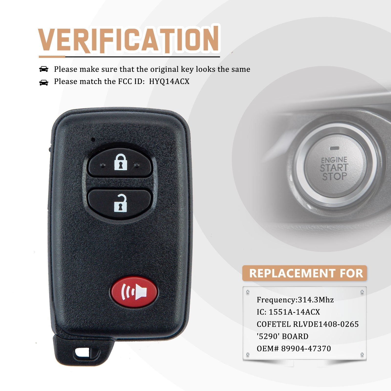 Smart Remote Replacement for Toyota 4Runner Prius C V Venza with New Emergency Key Blade FCC ID:HYQ14ACX/271451-5290 T3RE(10)