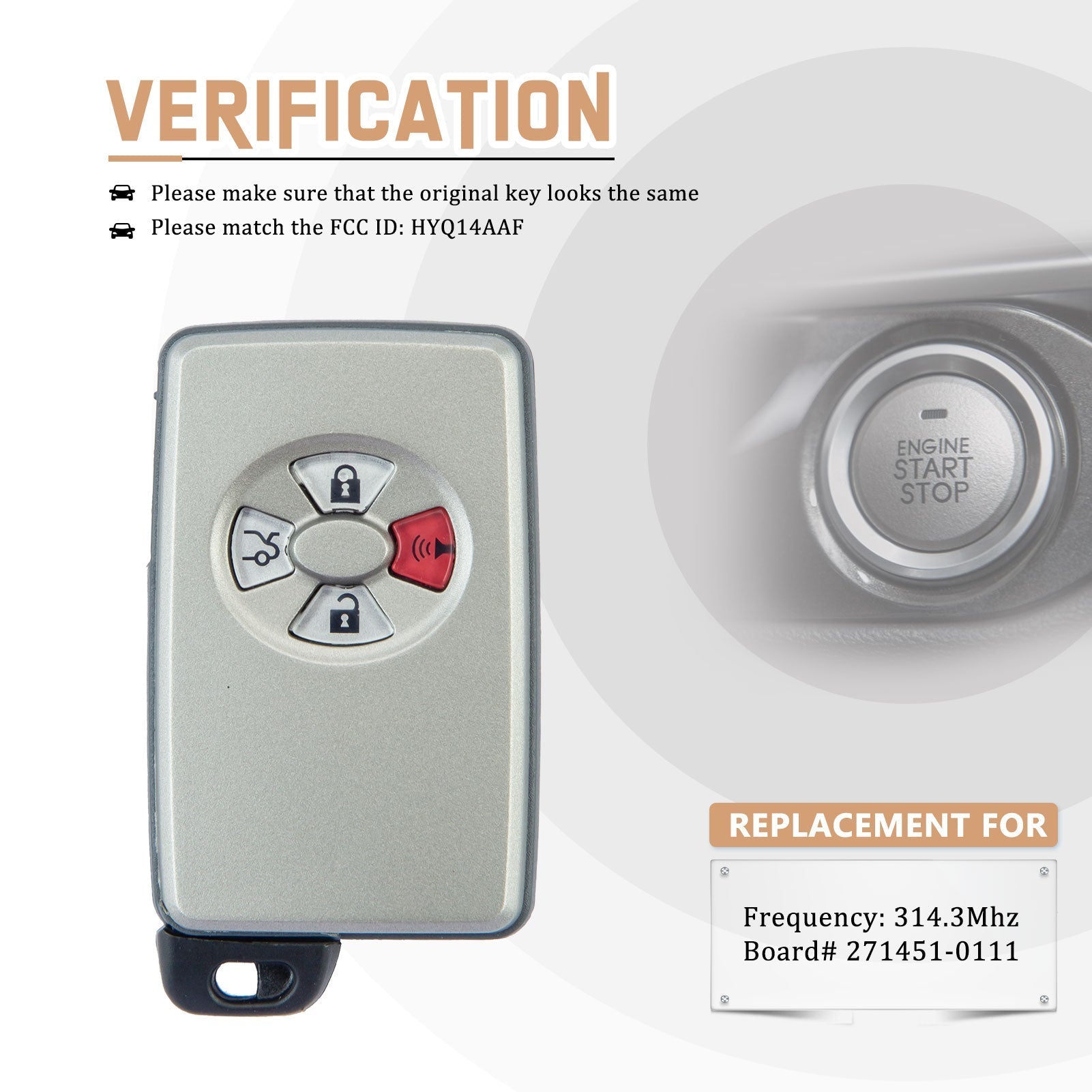 New Keyless Entry Remote Car Key Fob Replacement for Toyota Avalon 2005 - 2007 Smart Remote Key 271451-0111 HYQ14AAF T4RK(10)
